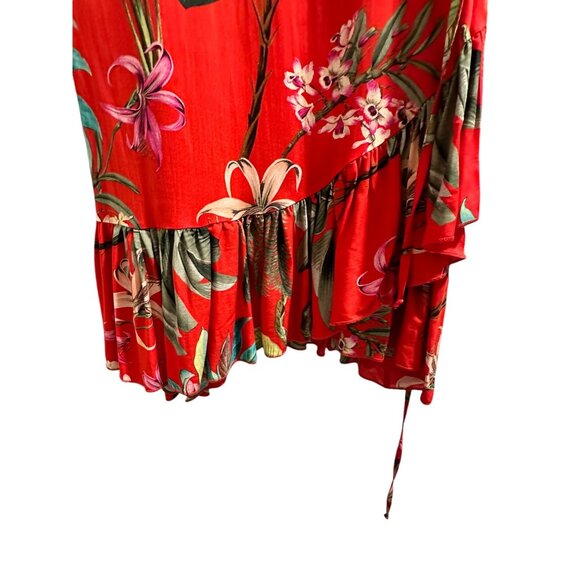✌️ 2/$40 ✌️ Italian Designer Red Floral Tie Wrap Dress with Ruffled Hem sz L - Picture 6 of 8